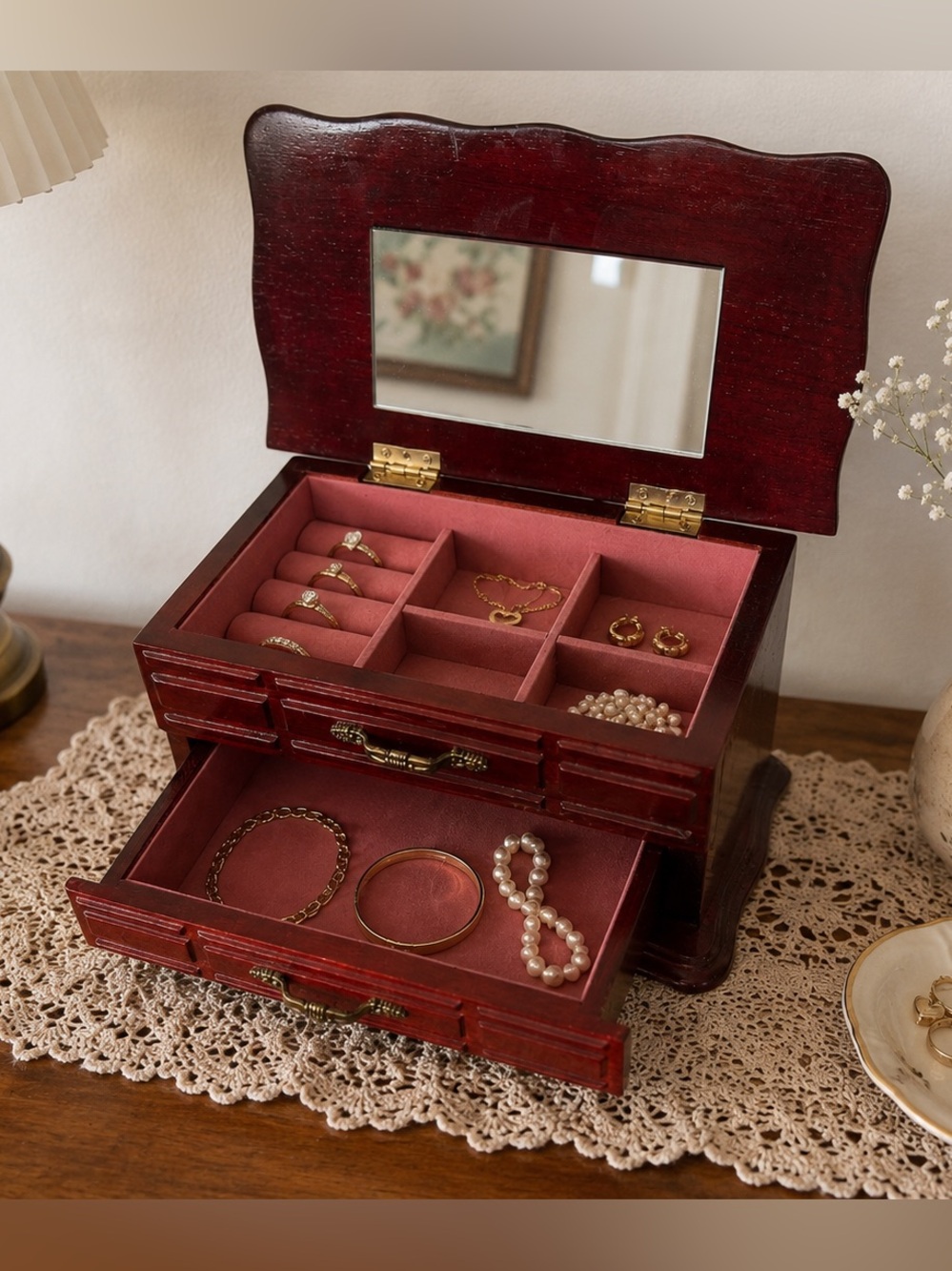 Vintage-Style Wooden Jewelry Box with Mirror - Deep Cherry Red